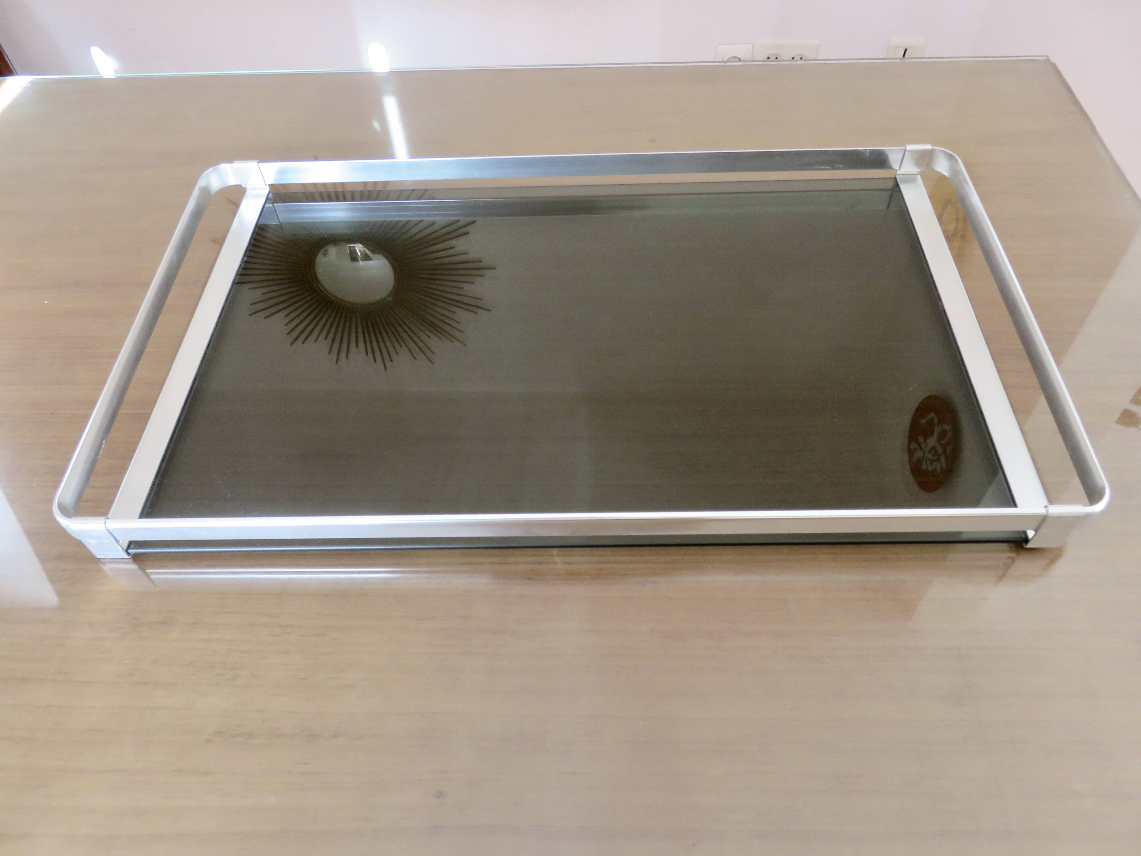 Very large tray, MB Italy for Roche Bobois, aluminum and smoked glass, 70