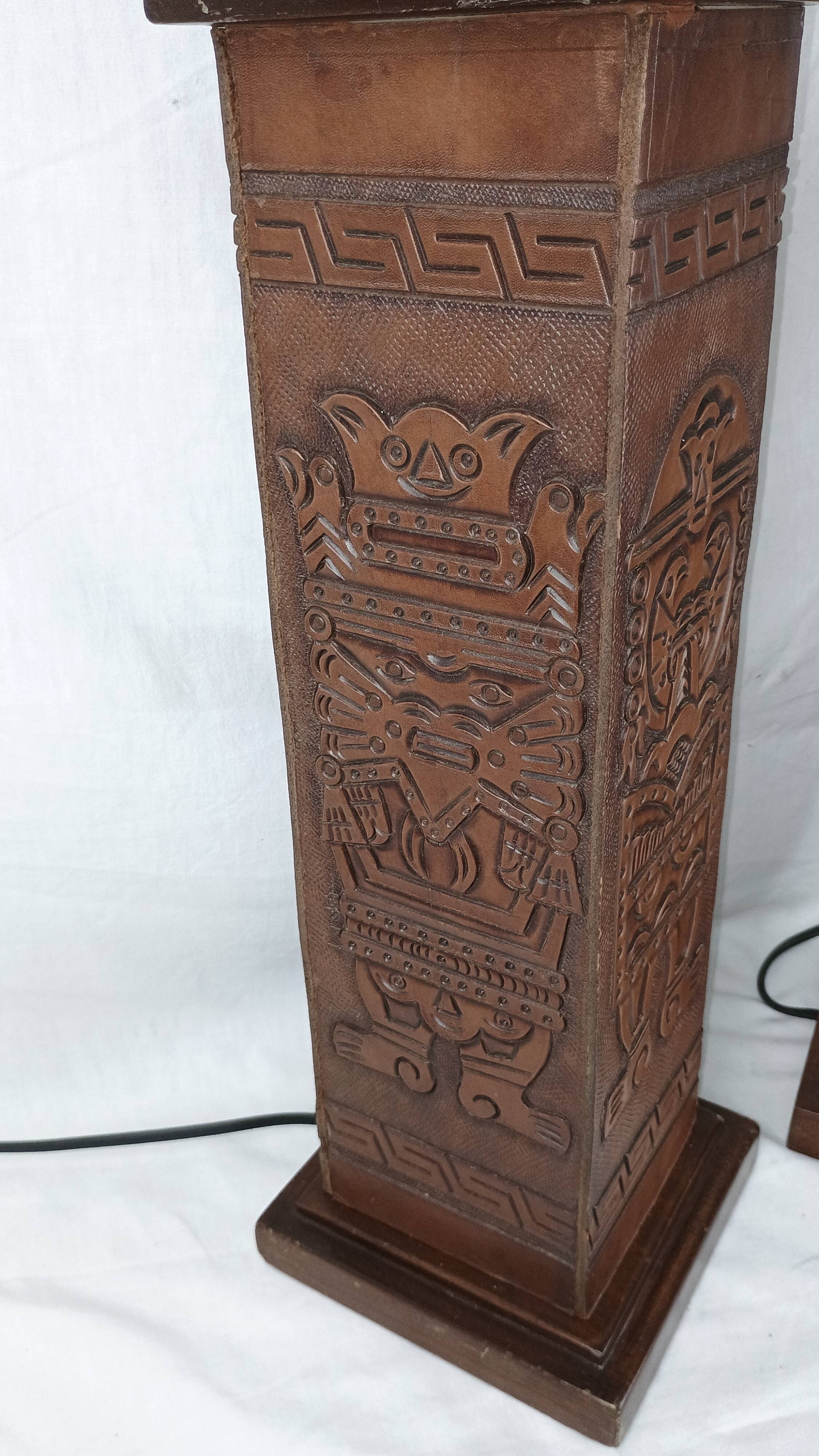 Pair of Kaiser Leuchten Totem Lamps in Vintage Aztec Inca or Mayan Leather