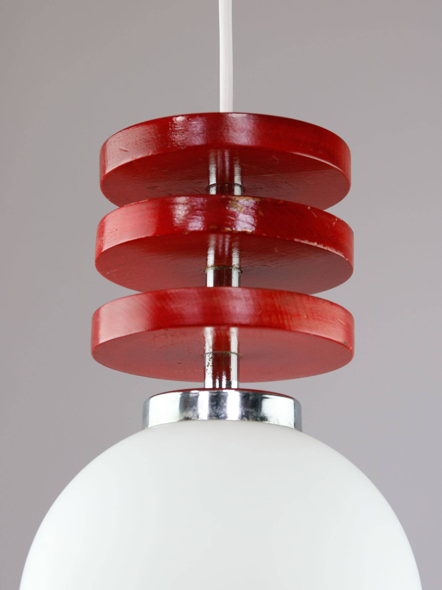 Vintage Italian Red Disc Pendant Lamp In Chrome and Wood, 1970s