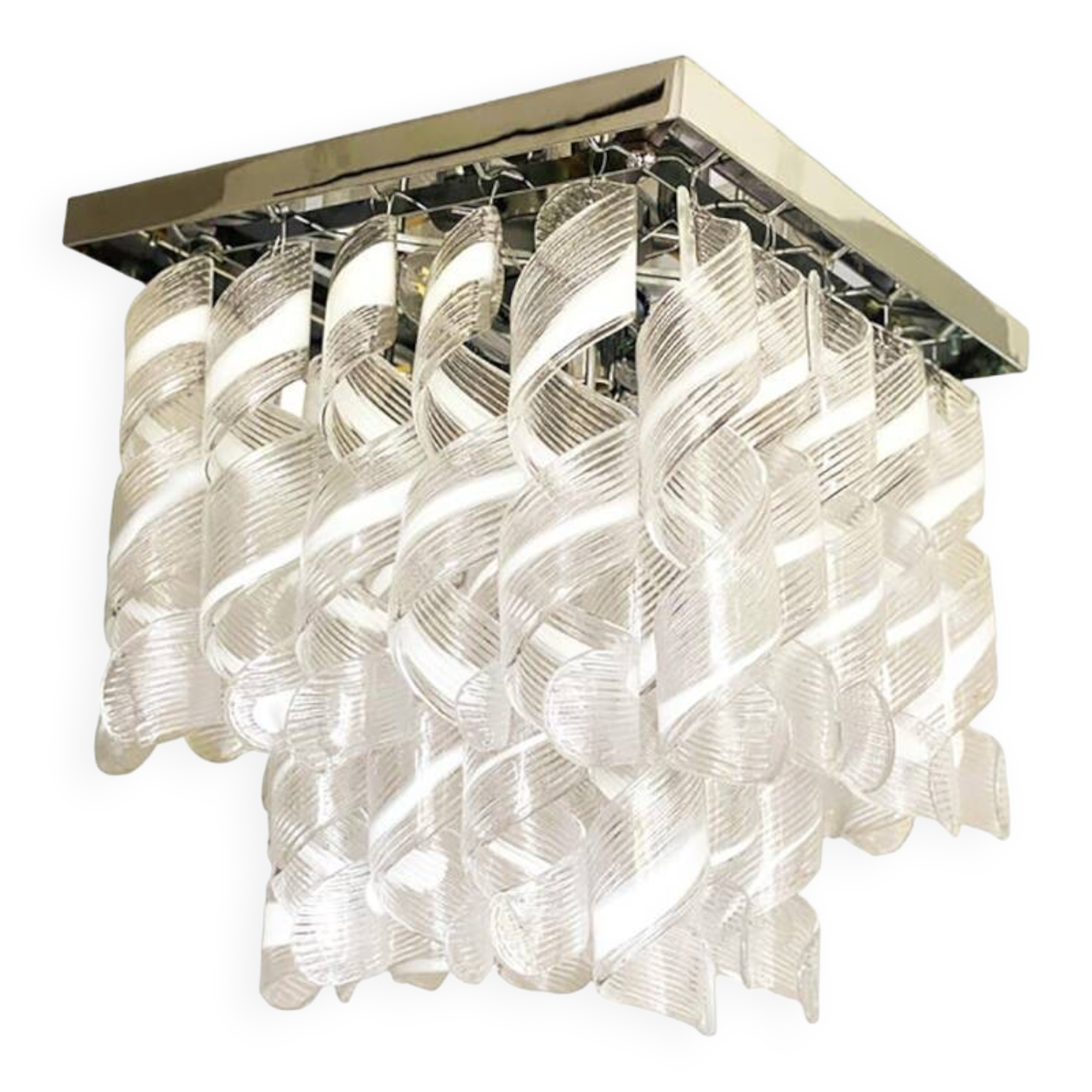 Contemporary Trasparent and White "Ricci-Curles" Murano Glass in Mazzega Style Squared Flush Mount