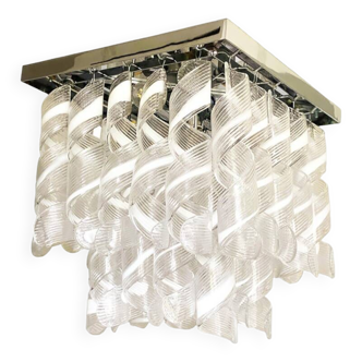 Contemporary Trasparent and White "Ricci-Curles" Murano Glass in Mazzega Style Squared Flush Mount