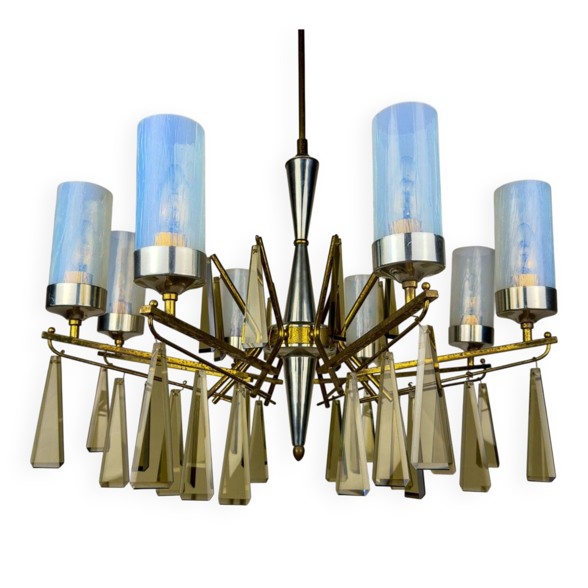 Large mid-century Italian sculptural chandelier in brass and glass, Italy, 1950s
