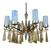 Large mid-century Italian sculptural chandelier in brass and glass, Italy, 1950s