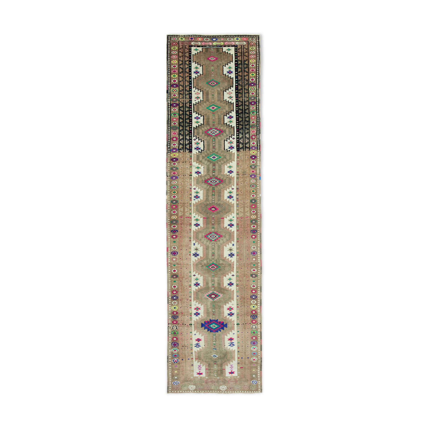 Hand-knotted turkish beige runner carpet 95 cm x 368 cm