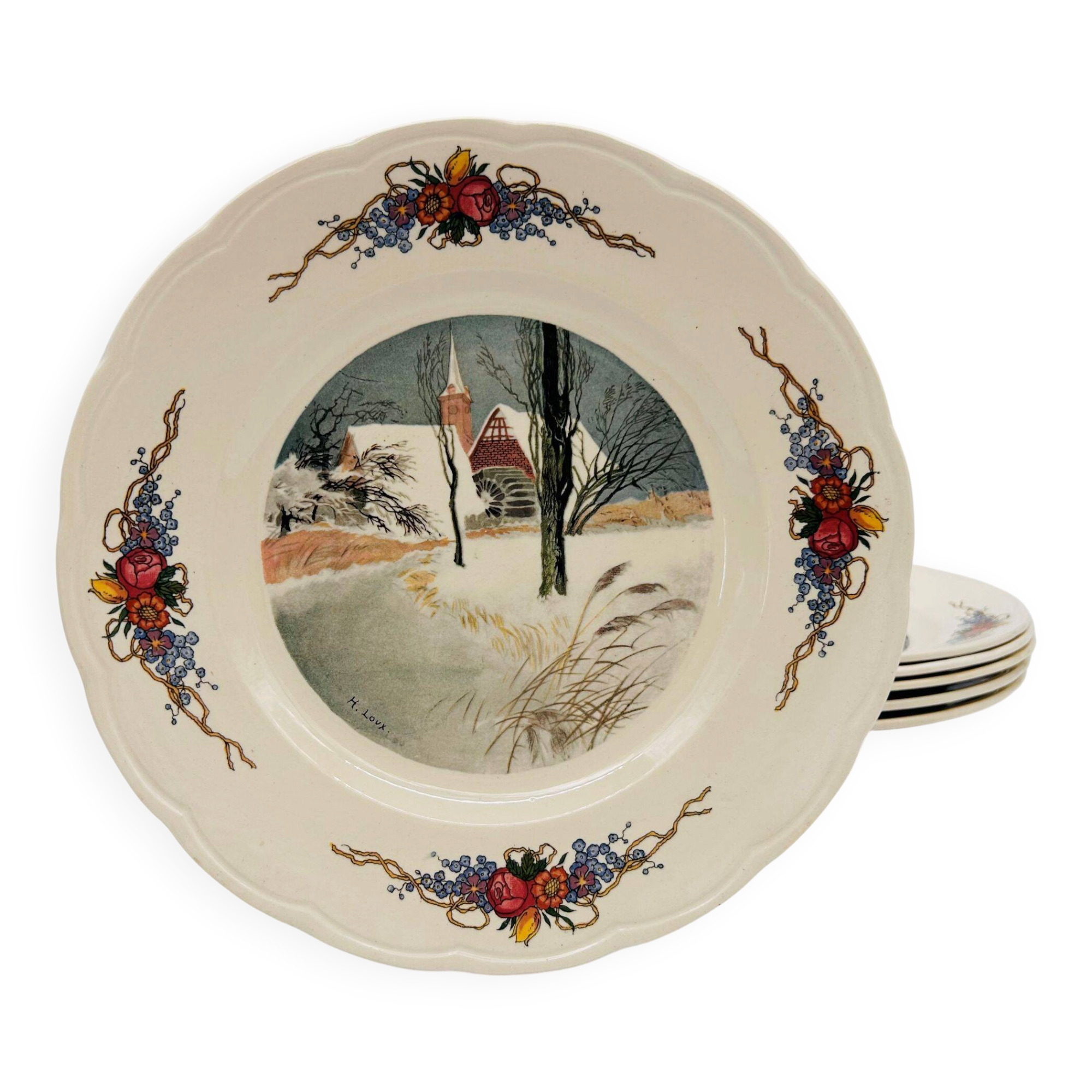 6 flat plates "Obernai" from the Sarreguemines pottery.