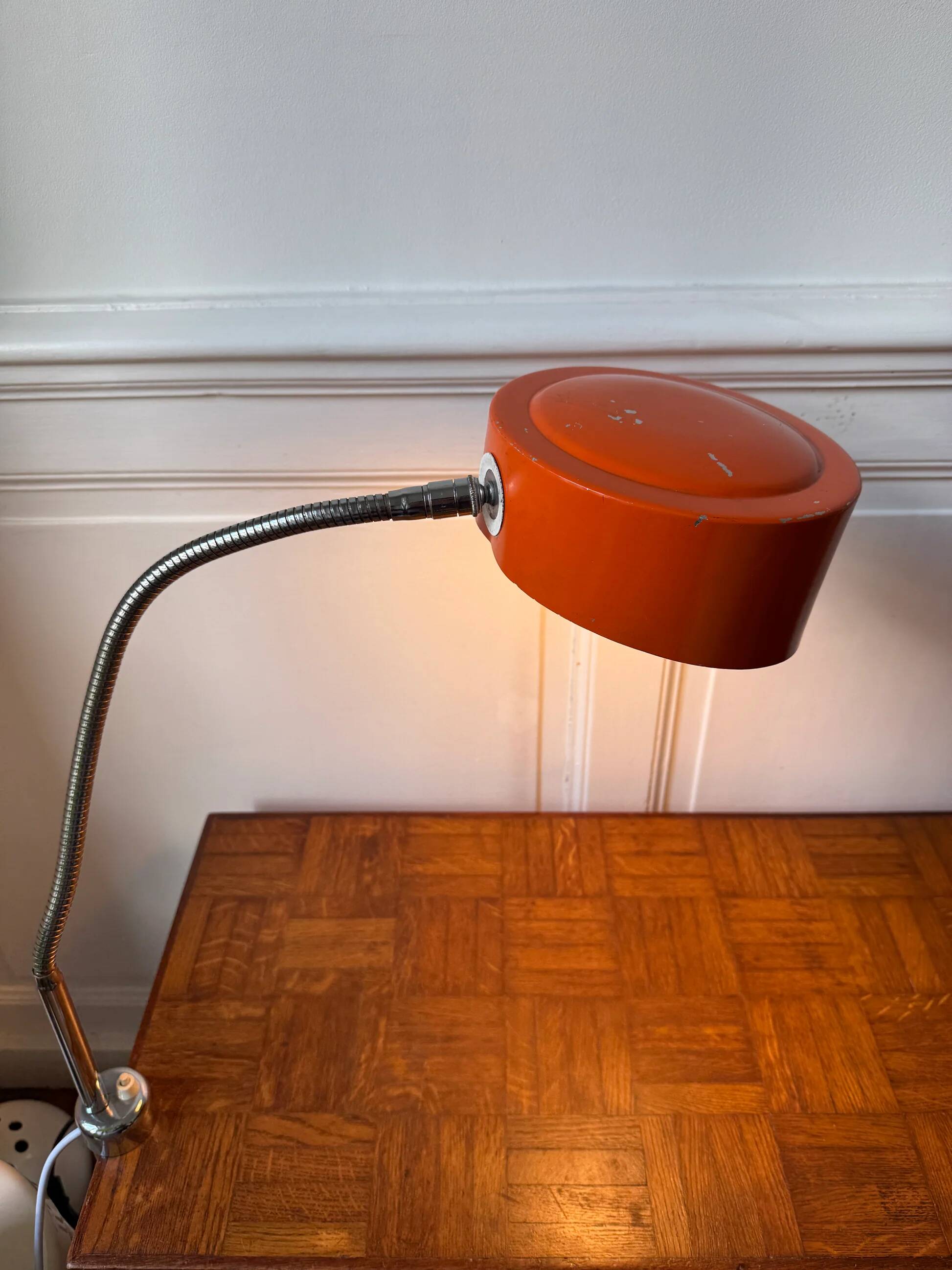 Orange workshop lamp with a clamp – 1970s