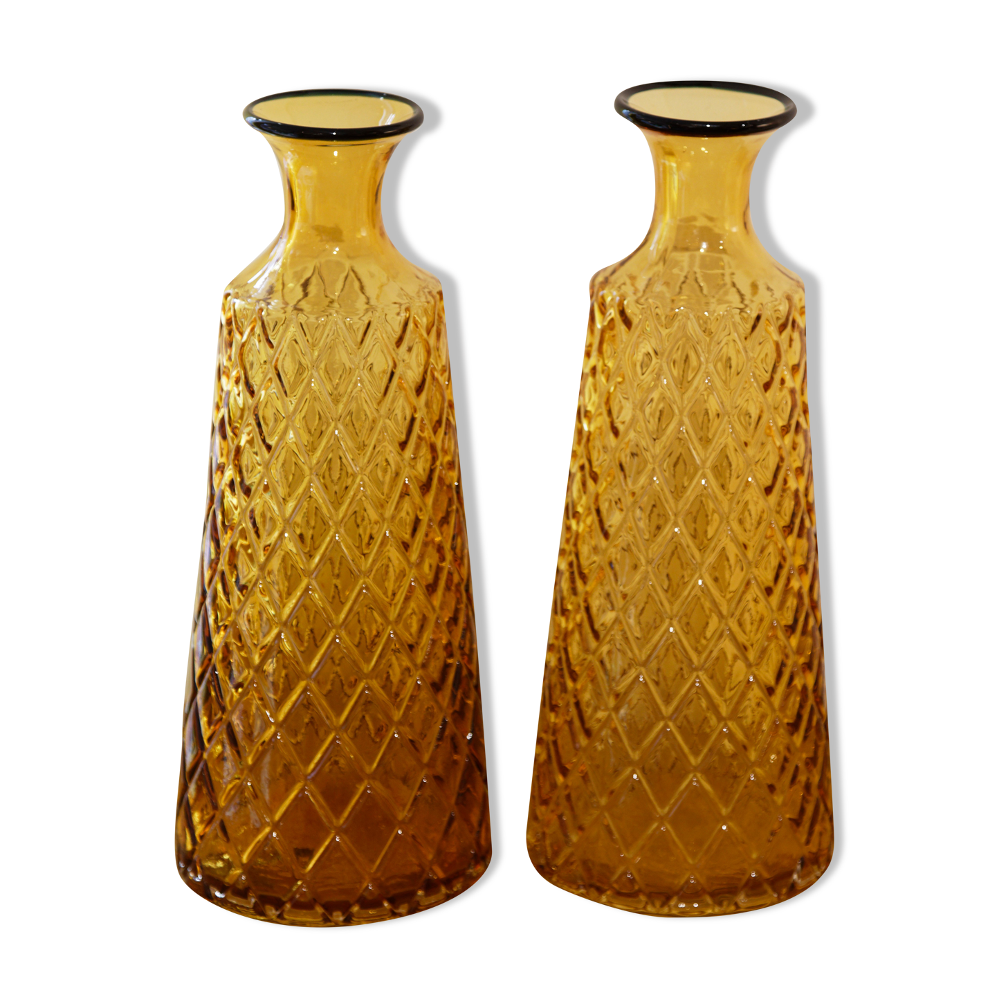 Pair vases carafes in carved glass amber 70's