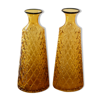 Pair vases carafes in carved glass amber 70's