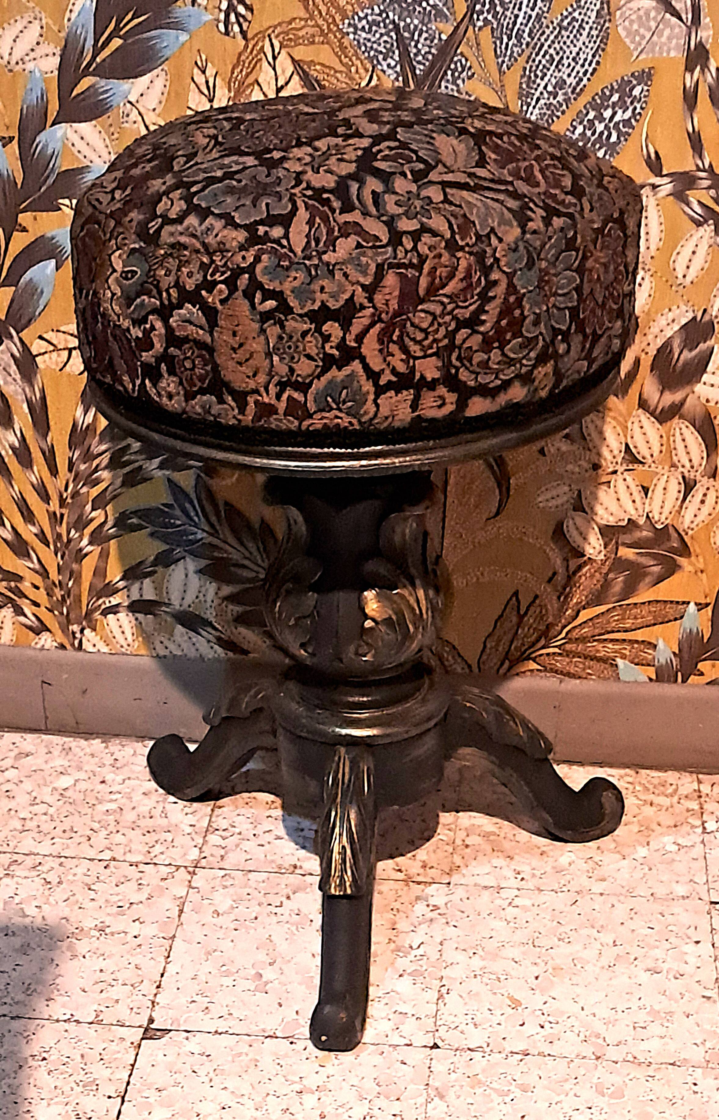 Victorian Piano Stool, Patinated Wood, Upholstered Fabric, 19th Century, France