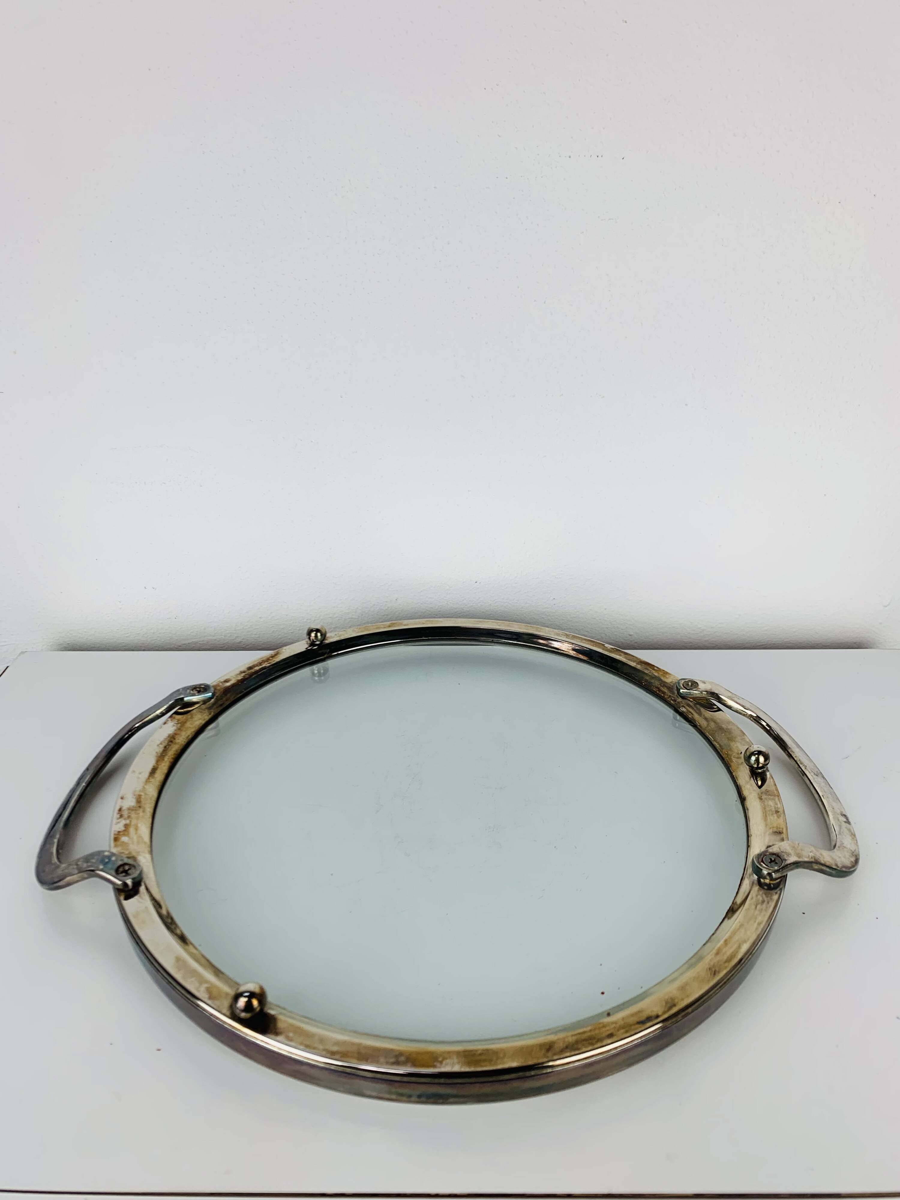 Plateau en métal argenté et verre, vintage