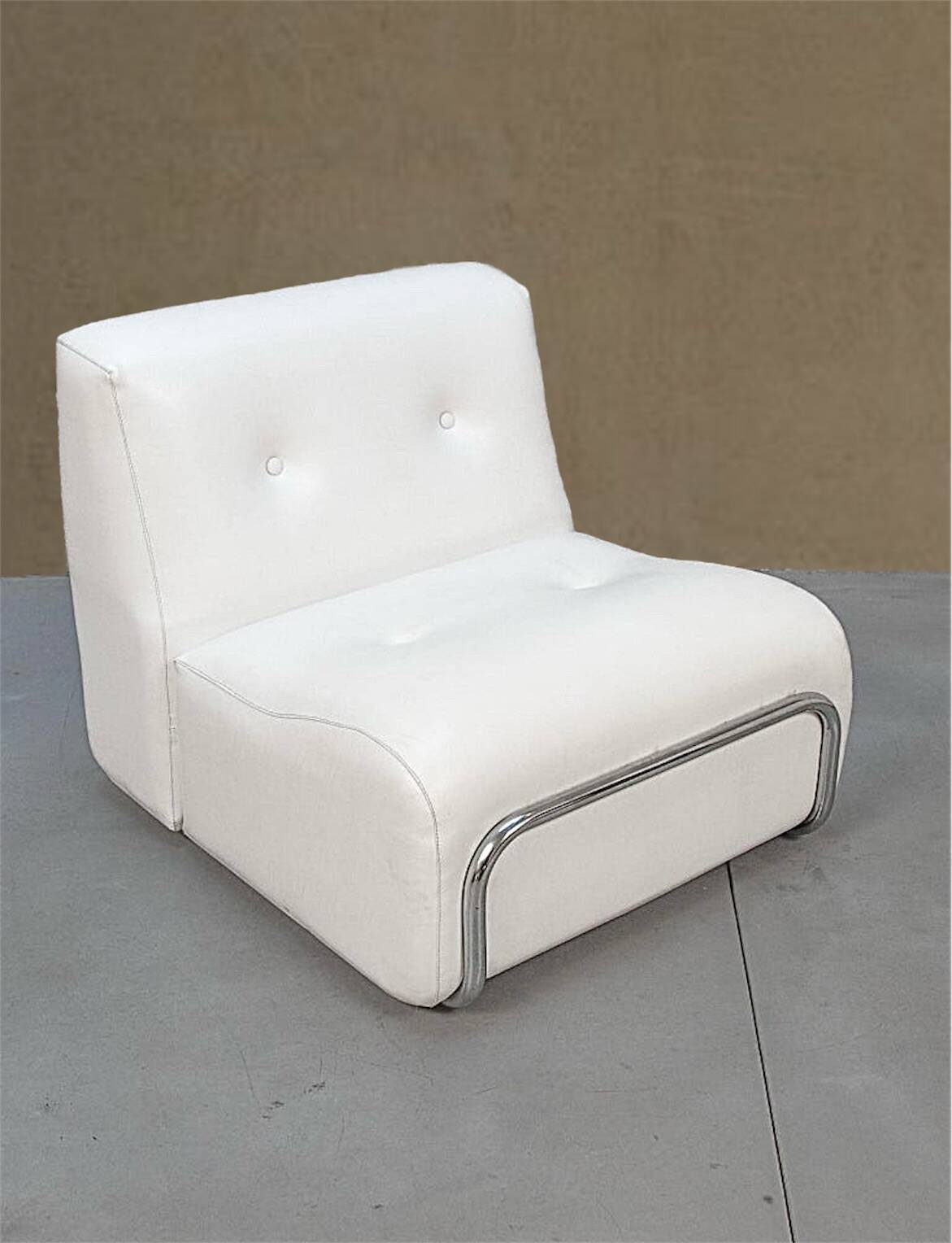 Adriano Piazzesi metal and white leather armchair, Italian design 1970