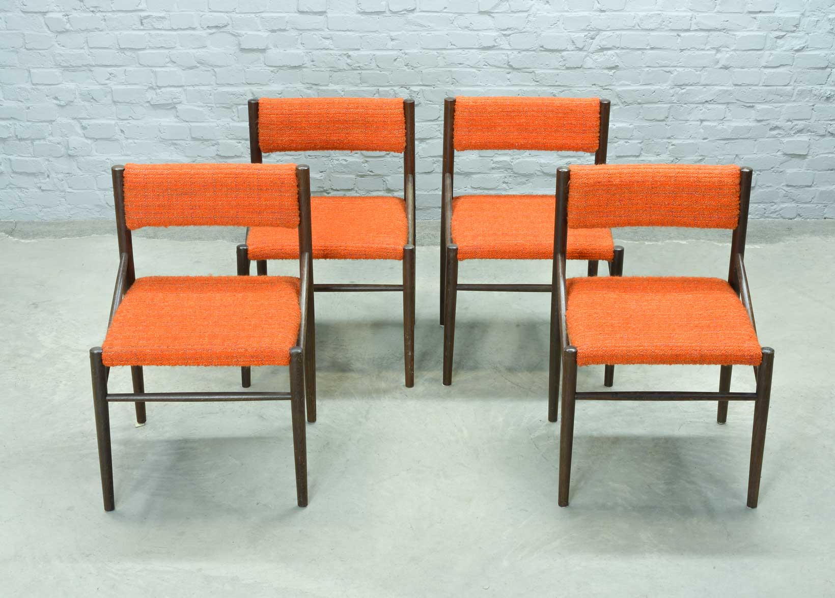 4 Wengé Wooden Dining Chairs with Orange Bouclé Fabric Upholstery 1960s