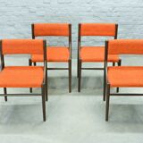 4 Wengé Wooden Dining Chairs with Orange Bouclé Fabric Upholstery 1960s