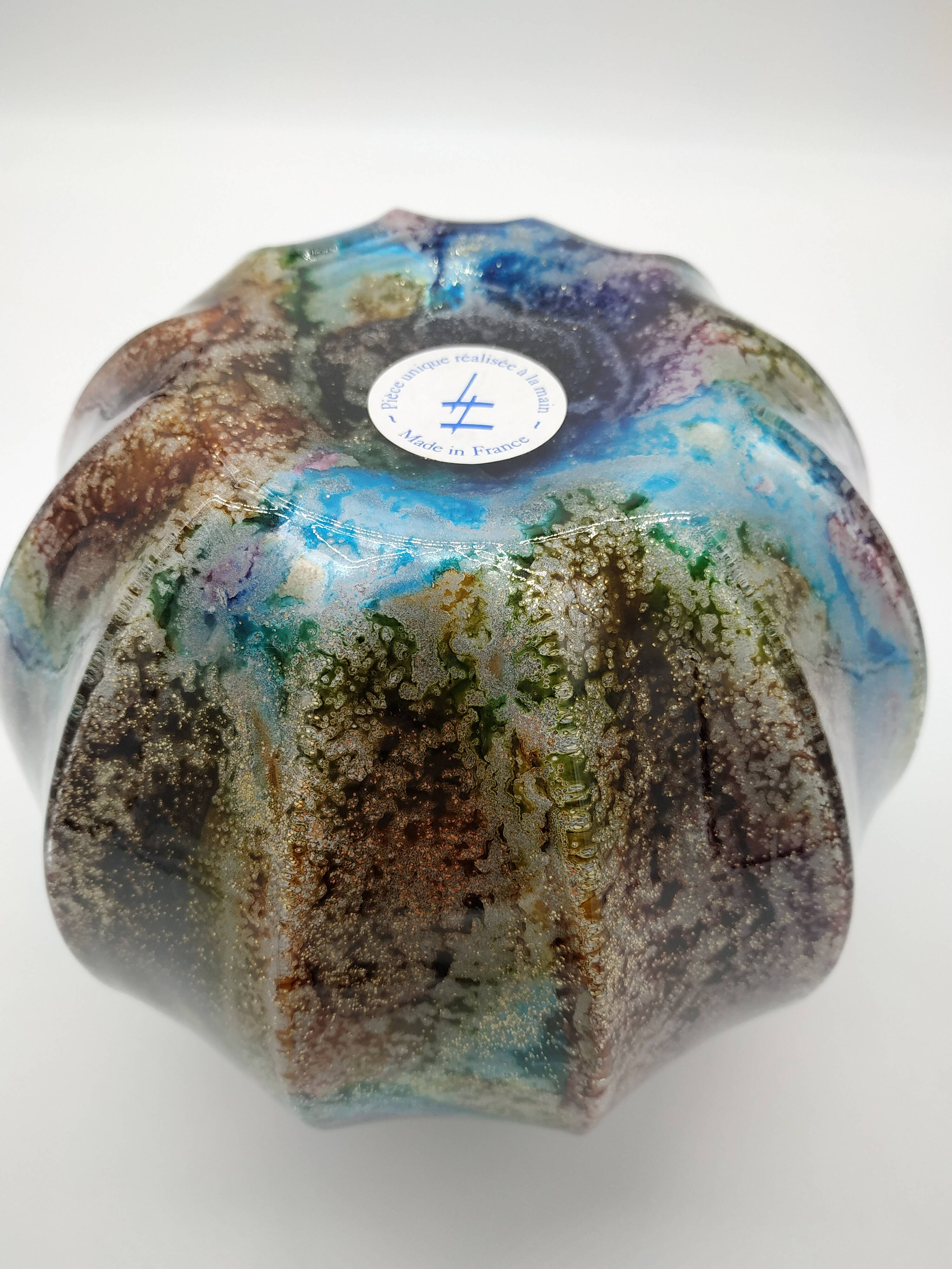 Vase laque line bleu irisé Jean Noël Bouillet