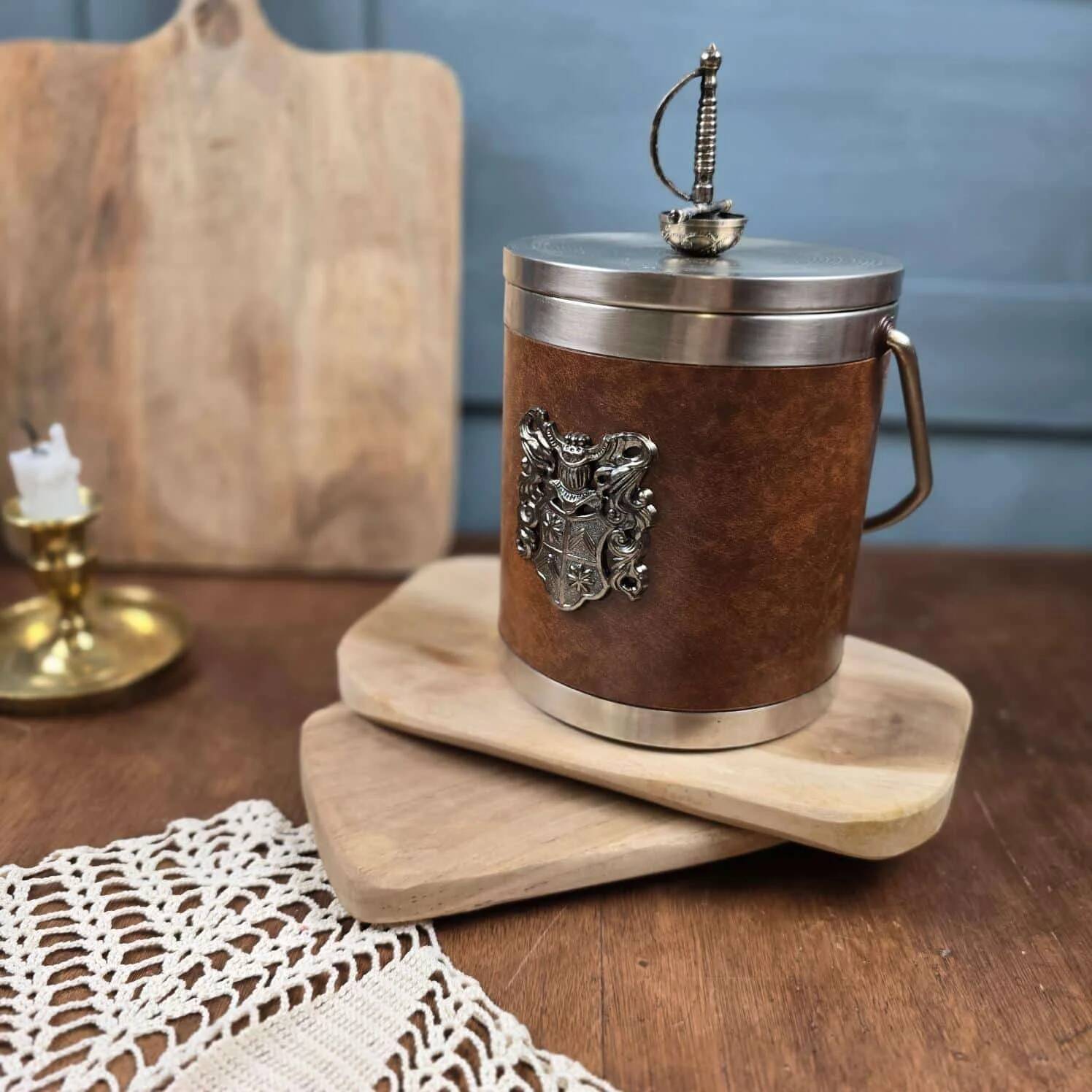 Vintage knight ice bucket – Coat of arms and sword handle – 1960s-70s