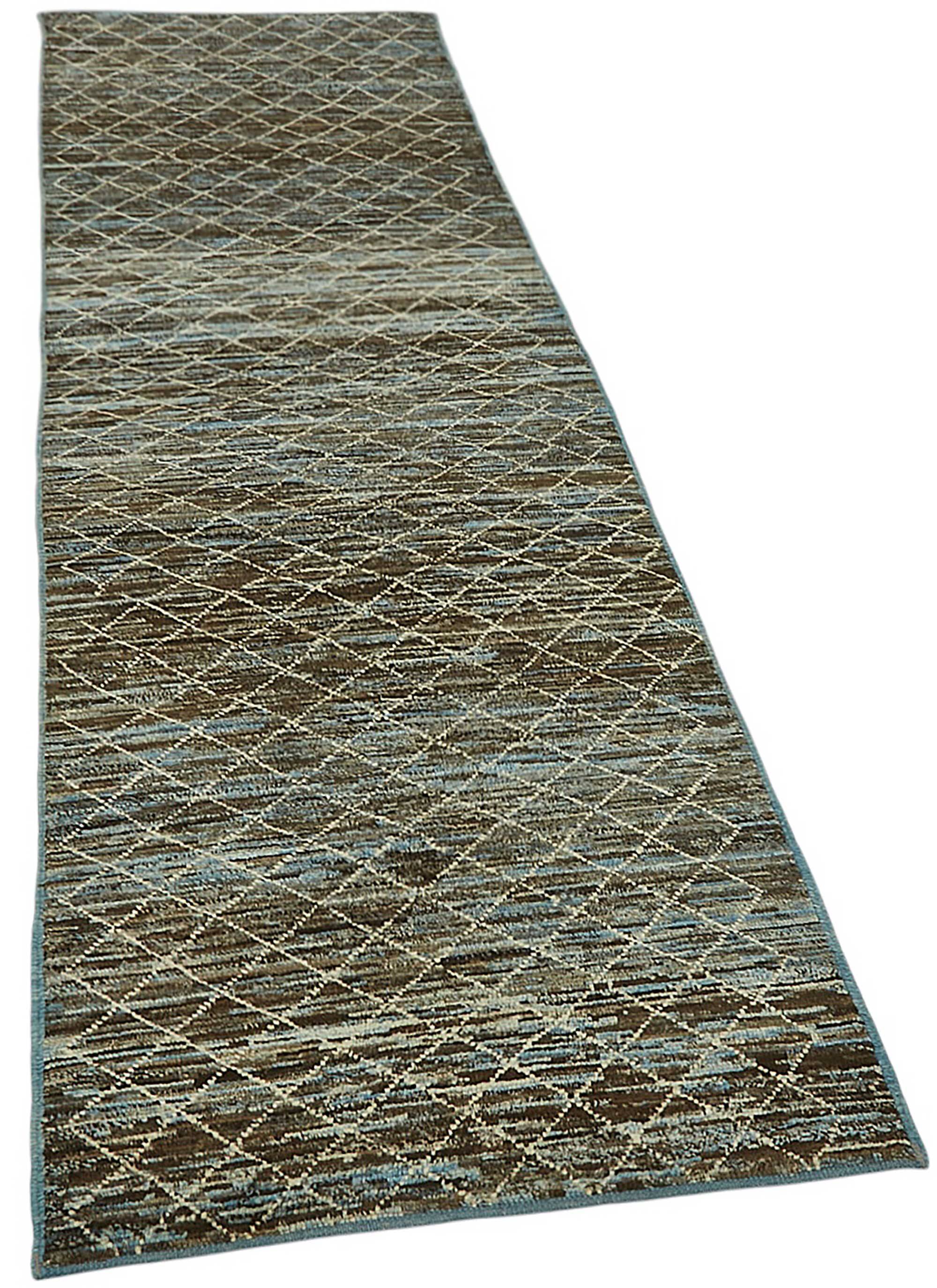 Hand-Knotted Turkish Contemporary 79 cm x 269 cm Blue Wool Runner Carpet