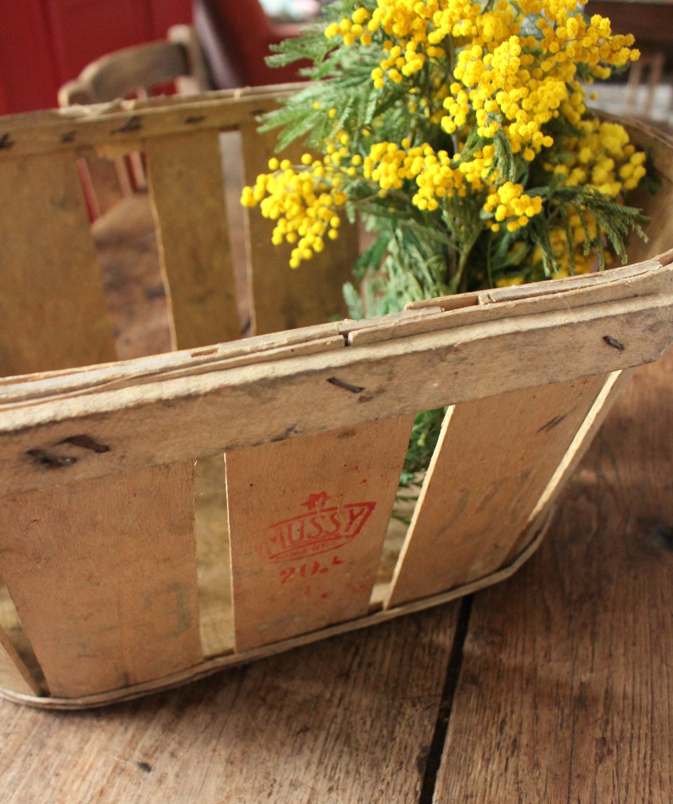 Wooden crate with slats strapping stamp mussy red storage
