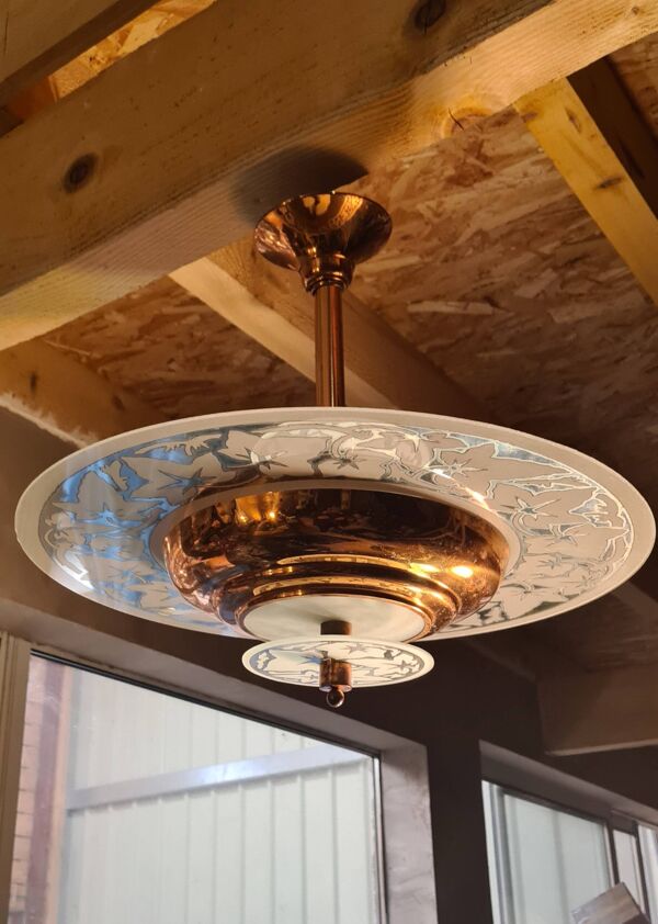 lustre suspension art deco  1920 a 40     cuivre et verre tres bon etat   45xl49 pas commun