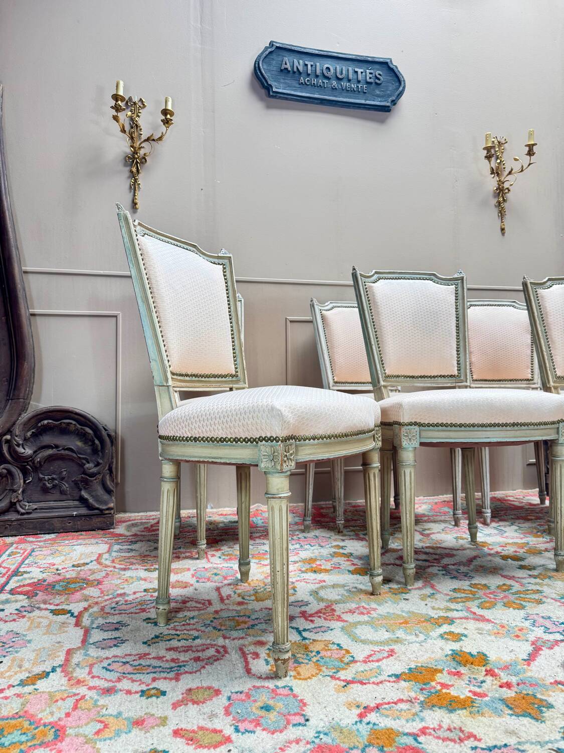 Set of Six Louis XVI Style Lacquered Wood Chairs, 19th Century