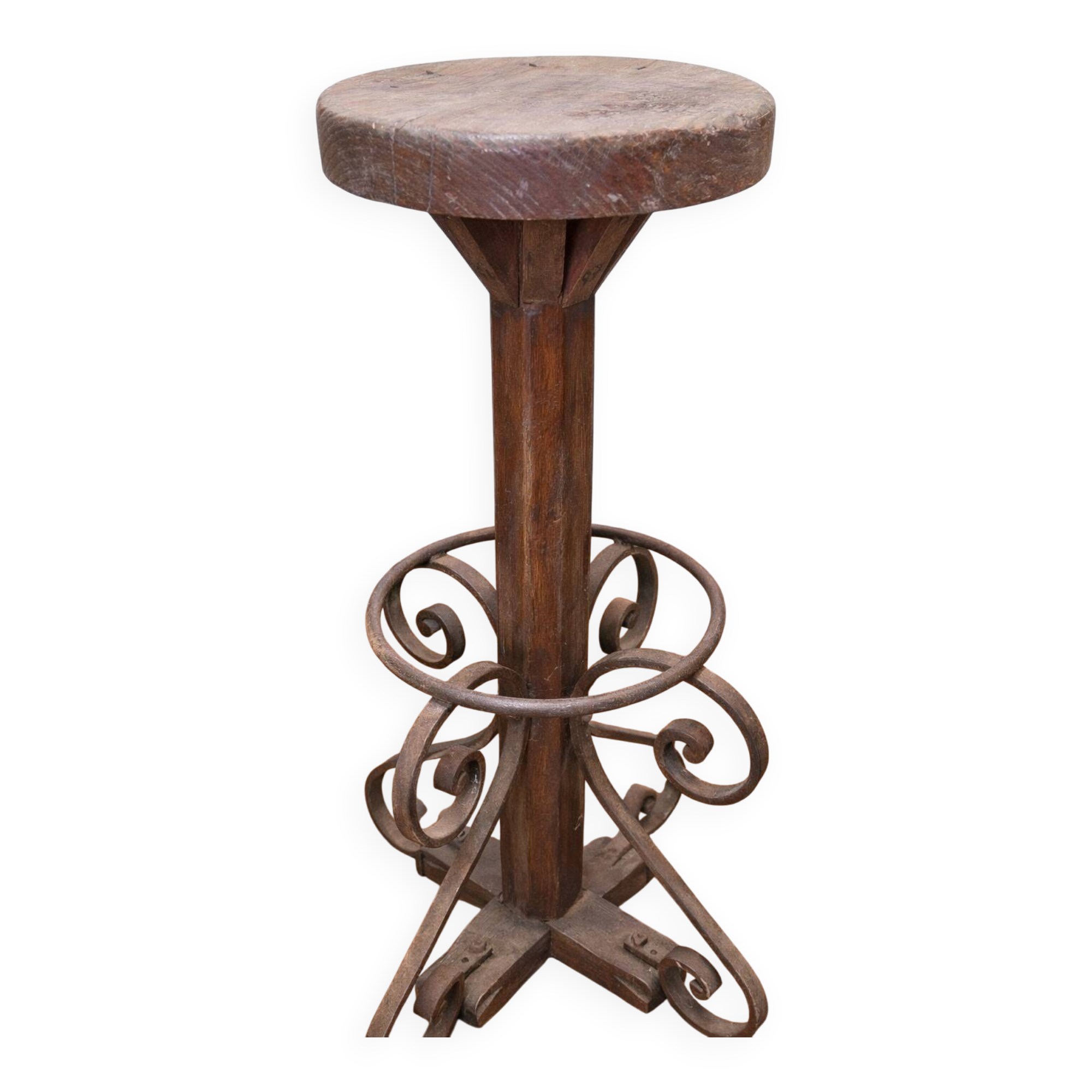 Tabouret d’atelier ancien bois et fer forgé – H 82 cm