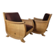 Pair of "Corbeille" armchairs in solid oak and chocolate velvet – S
