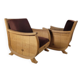 Pair of "Corbeille" armchairs in solid oak and chocolate velvet – S