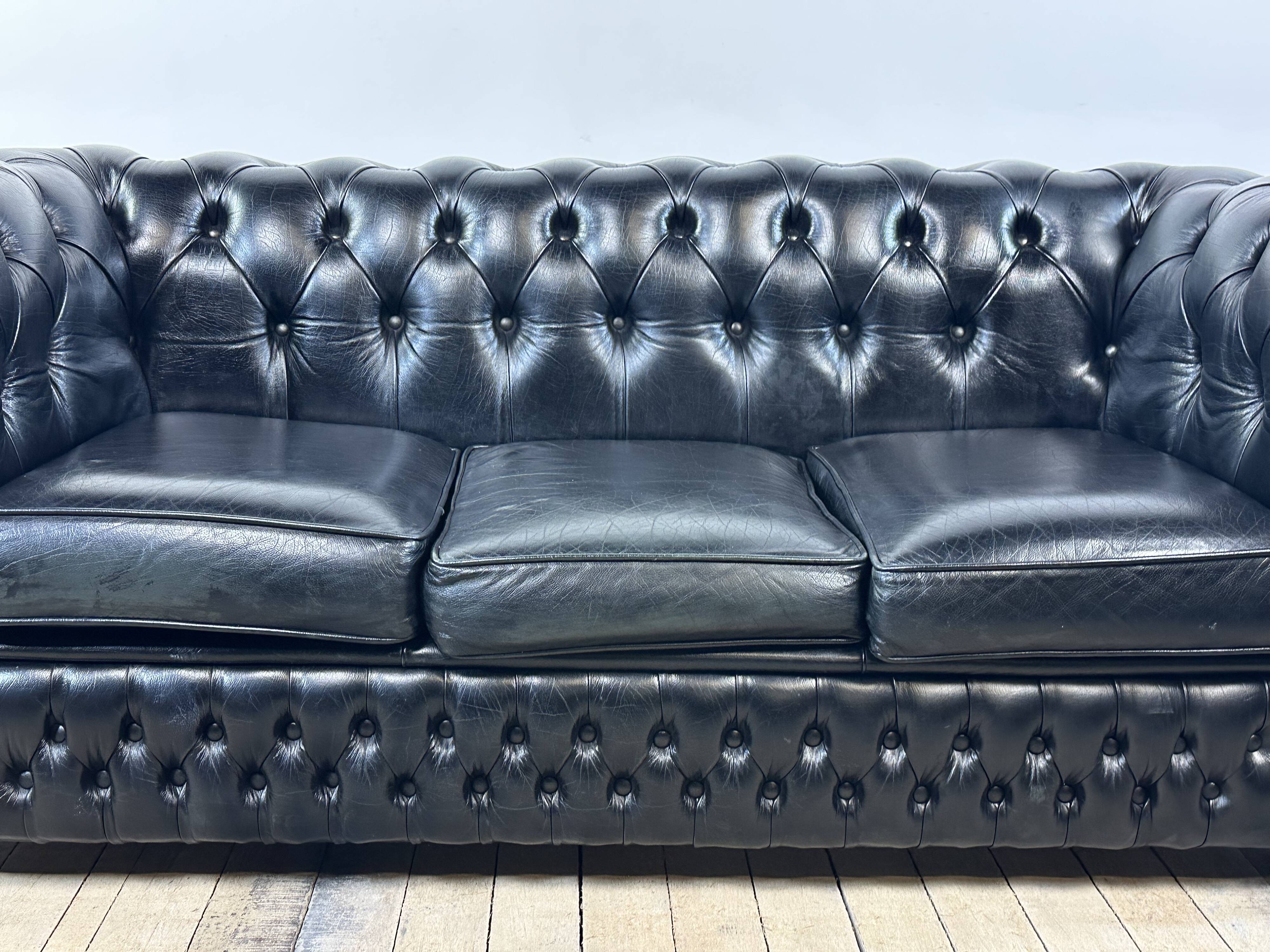 Vintage 1980 black leather Chesterfield sofa