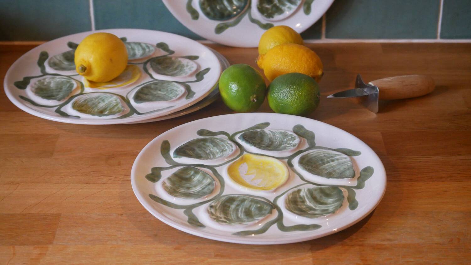 Set of 4 Belon earthenware oyster plates – 25 cm – yellow & green