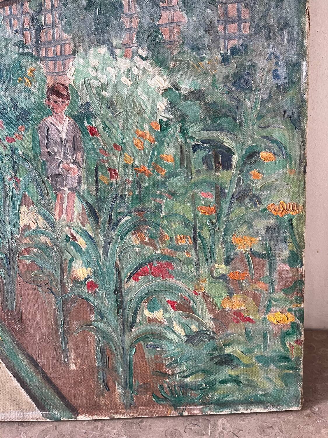 Country house with young man, signed Bernard Delafon
