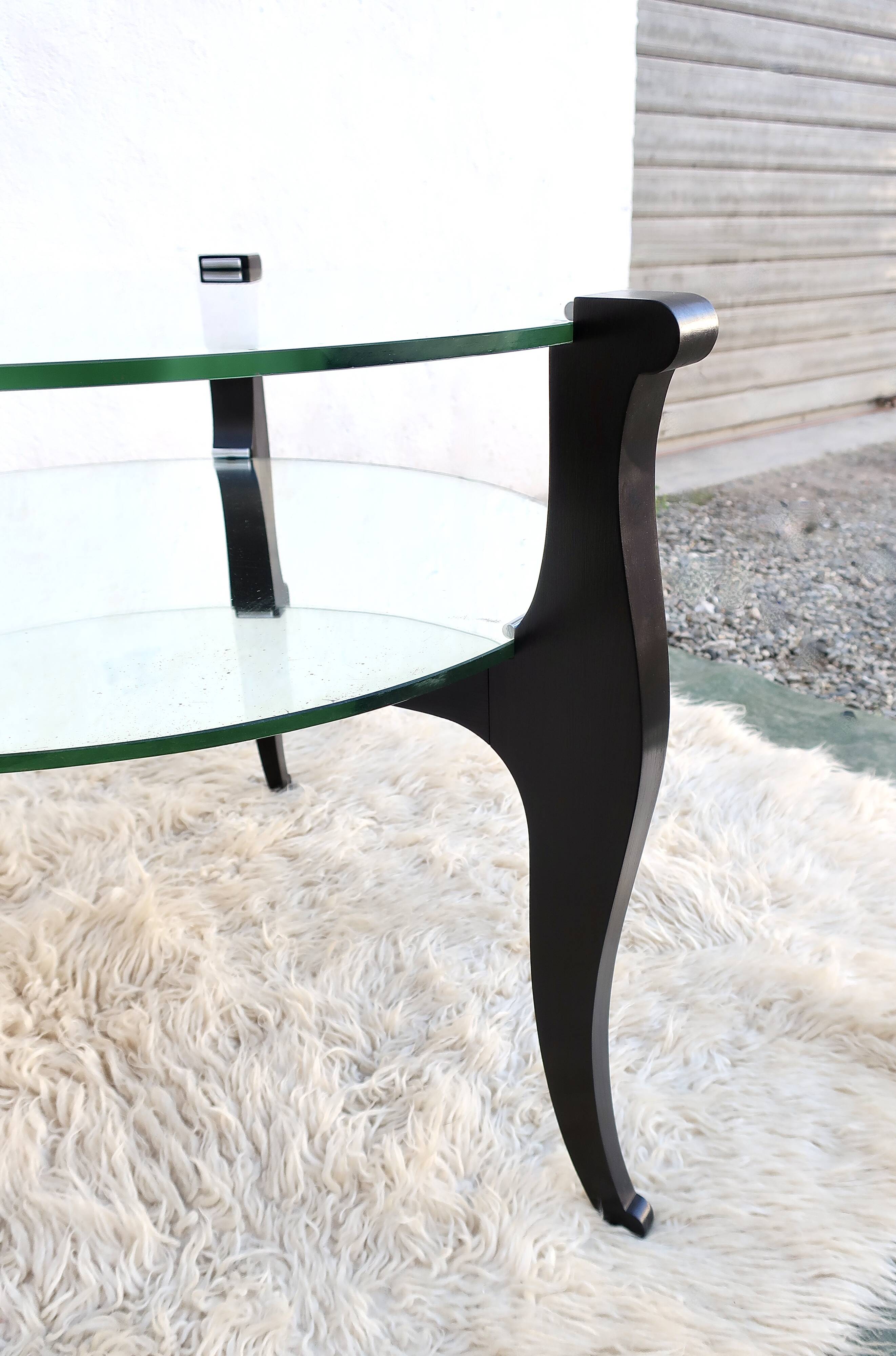 Low art deco pedestal table 1930/1940 in black wood, glass and mirror