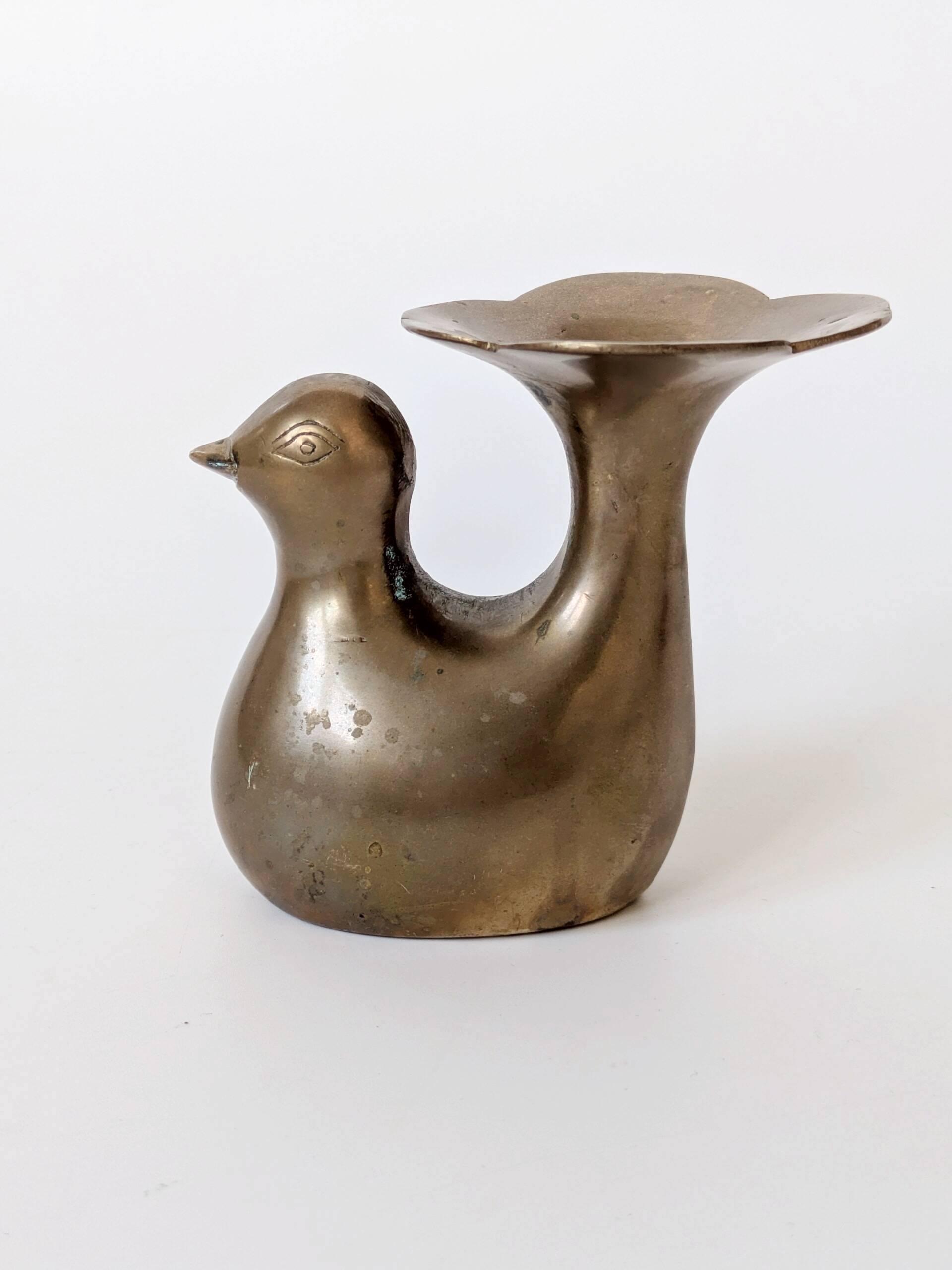 Candle holder or bird soliflore in brass, mid-century design from the 1960s.