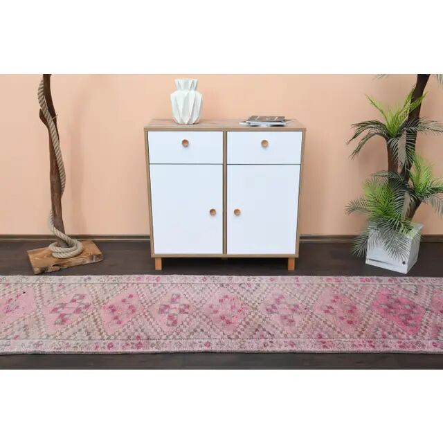 Vintage Turkish Oushak handmade wool cotton pink runner rug 82x346
