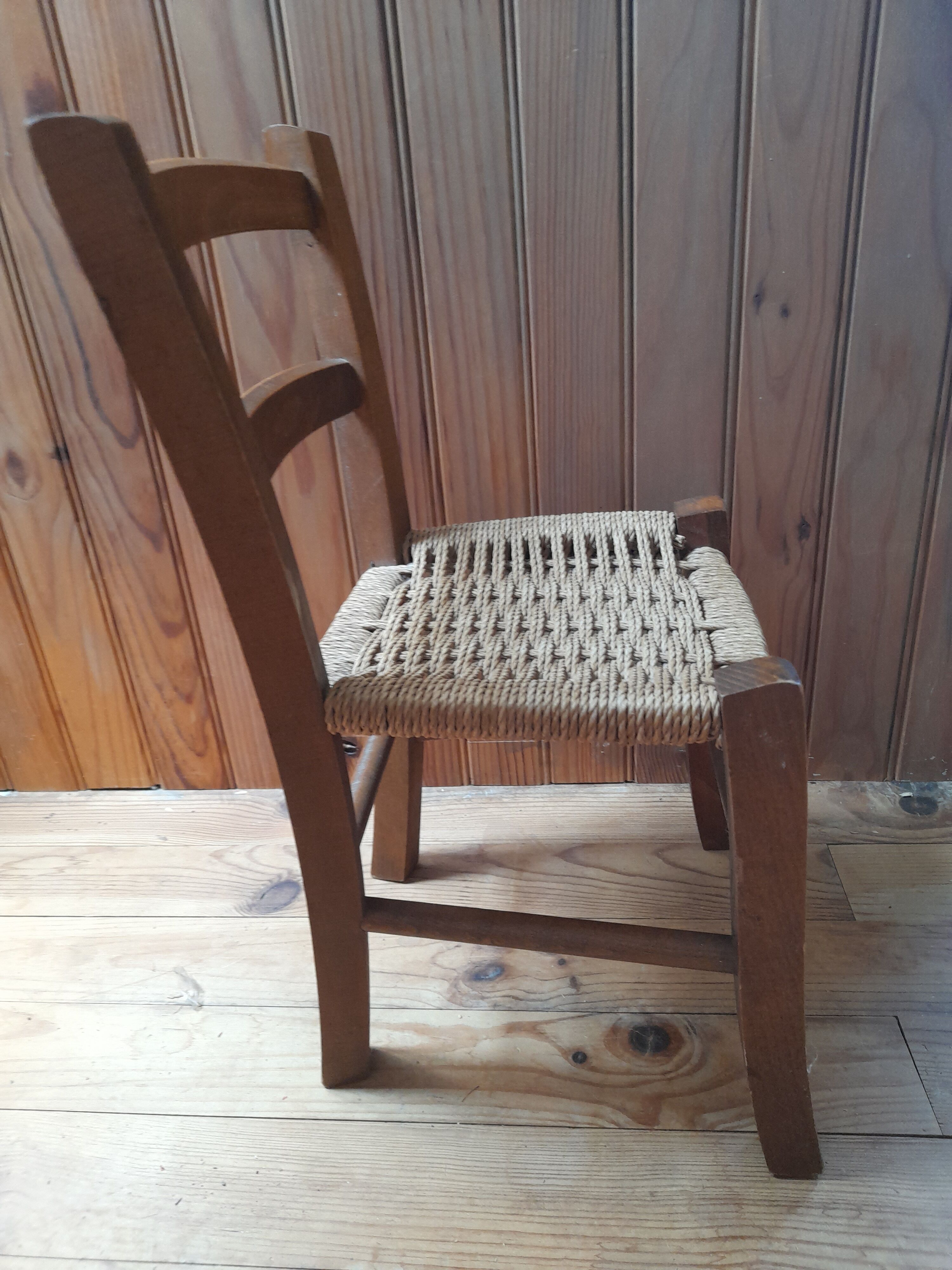 Wooden children's chair, rope seat, circa 1950