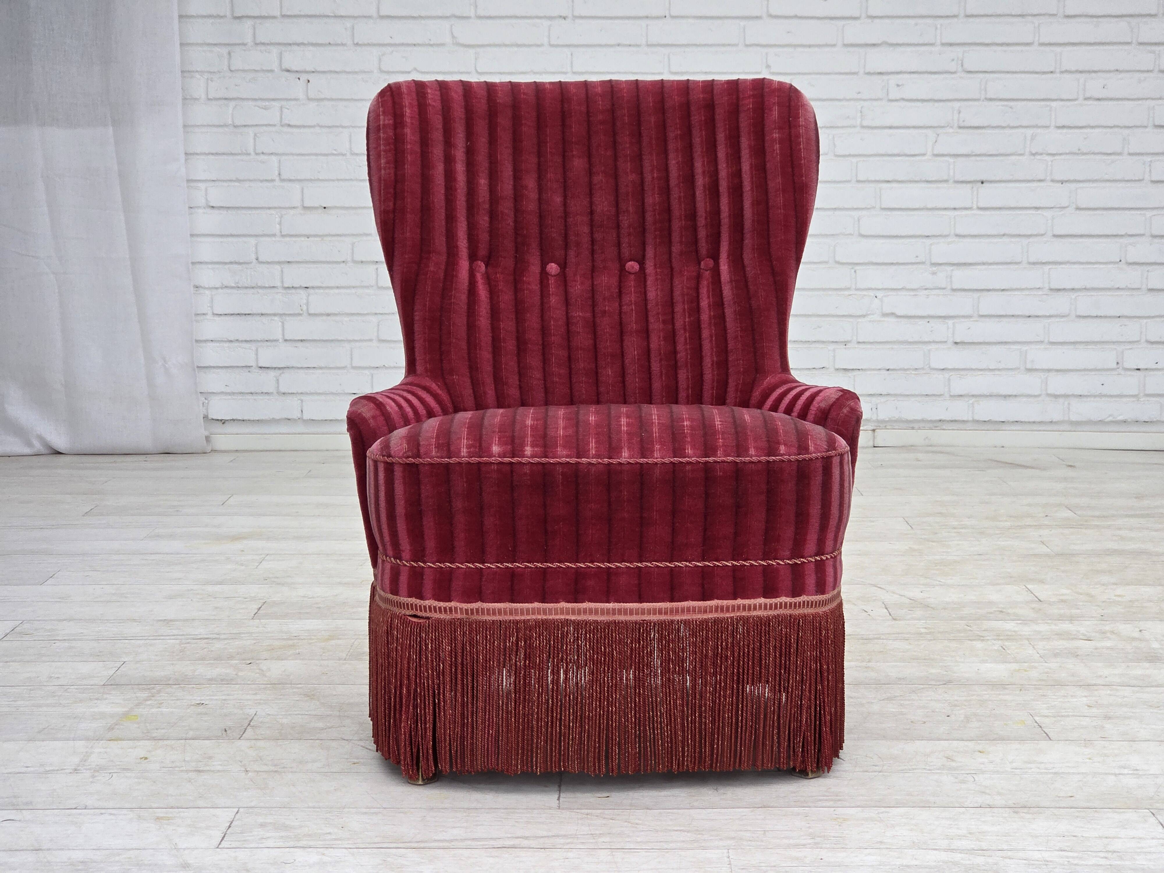 1960s, Danish armchair, original striped red furniture velour.