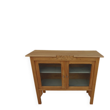 Desserte Art Déco en bois brut finition cirée, fermée par 2 portes vitrées
