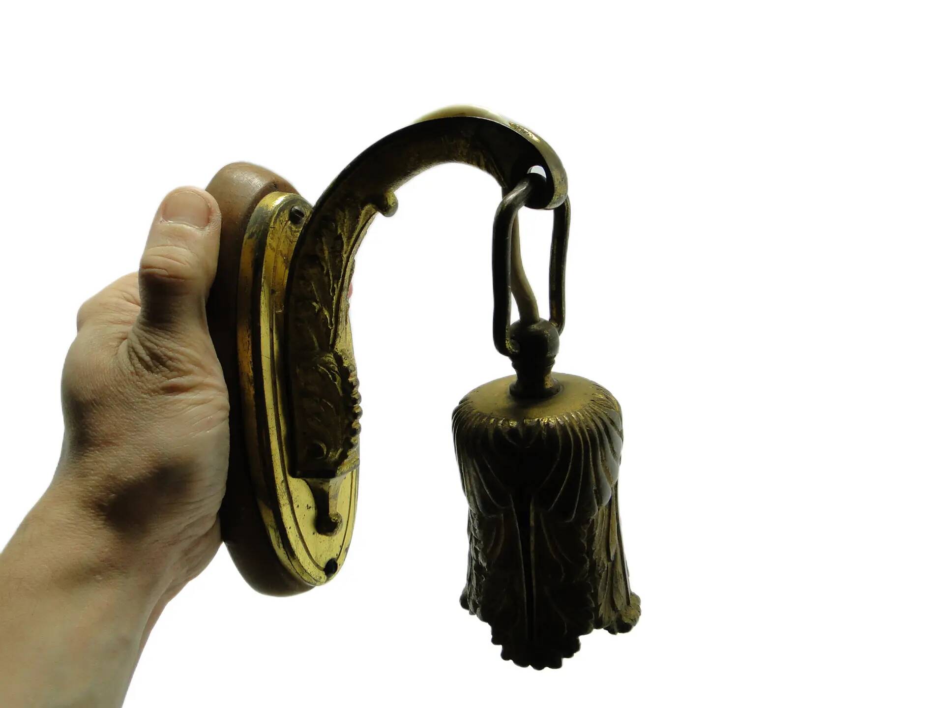 Eclectic wall sconce, golden brass, beech, Germany, 1930s.