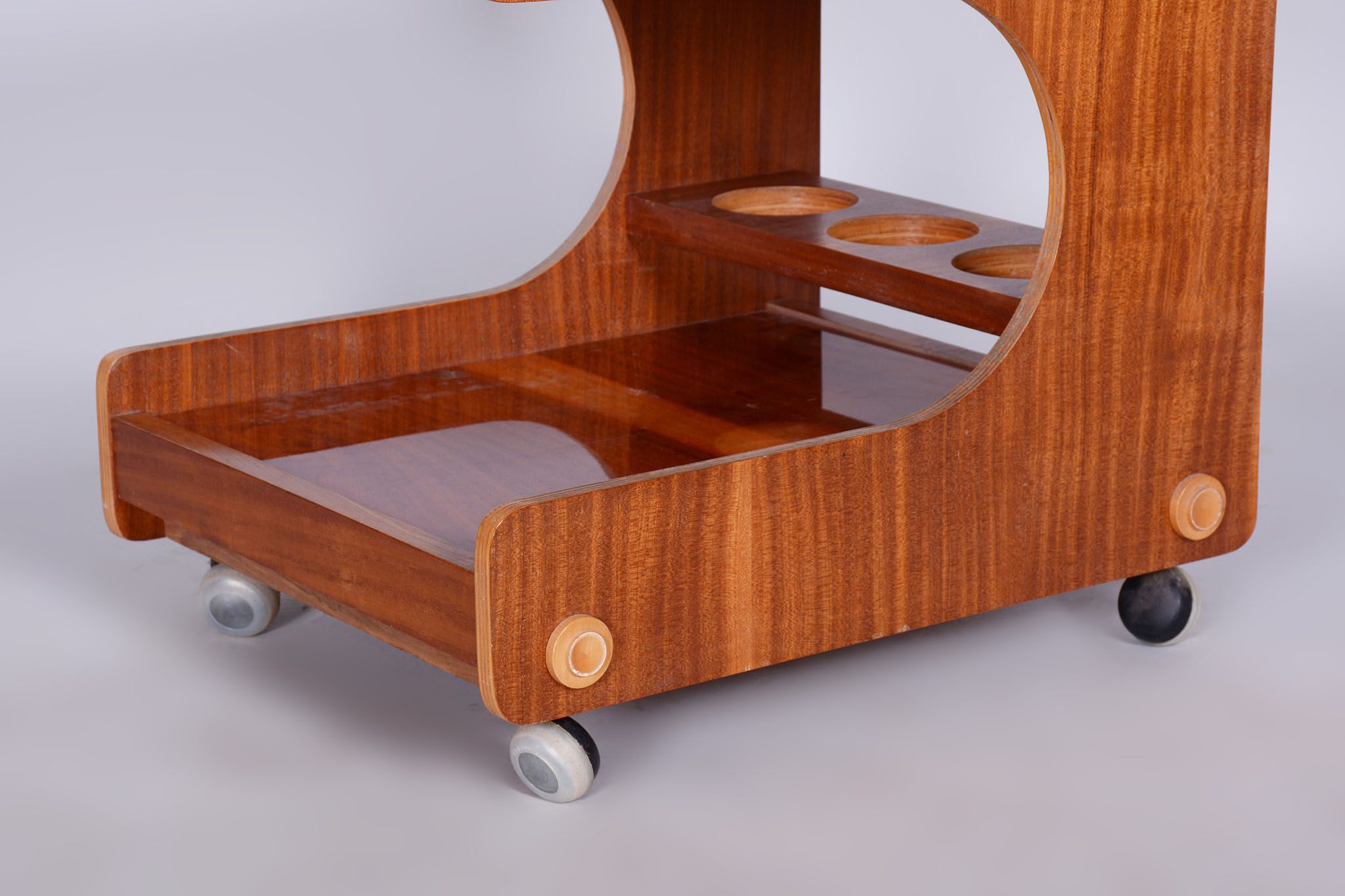 Restored midcentury mahogany trolley, revived polish, czechia, 1960s