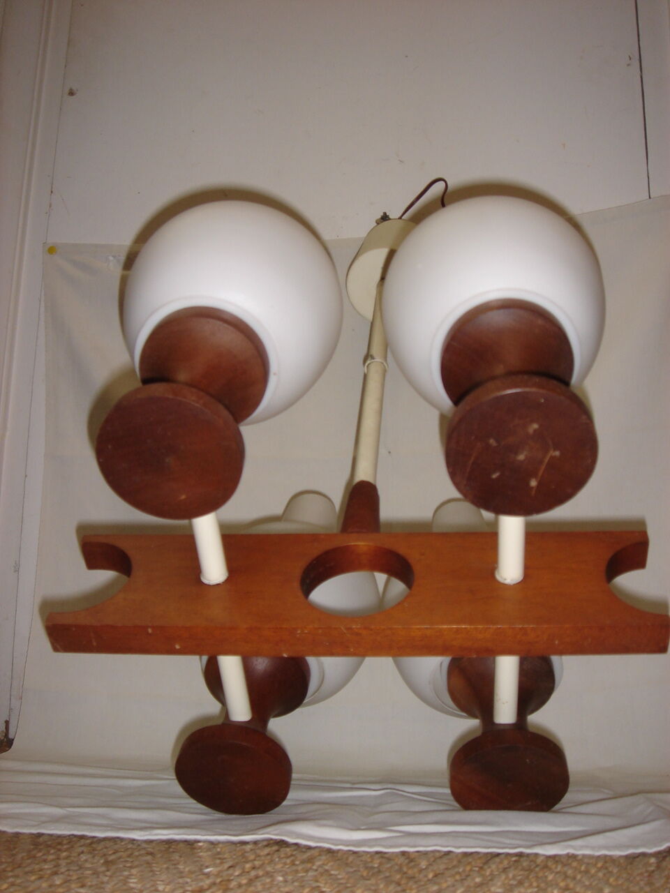 Scandinavian teak chandelier white opaline 1950