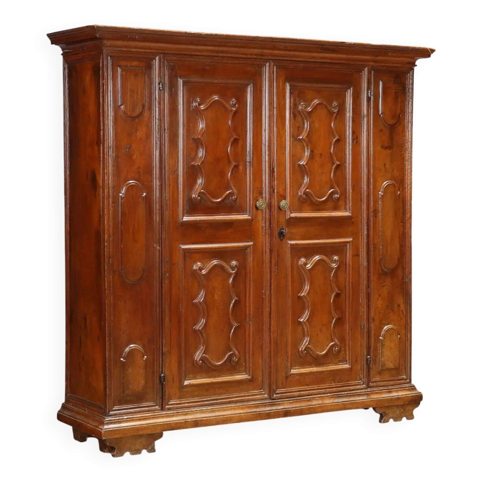 Antique baroque wardrobe in walnut and fabric, Piedmont, Italy, 18th century