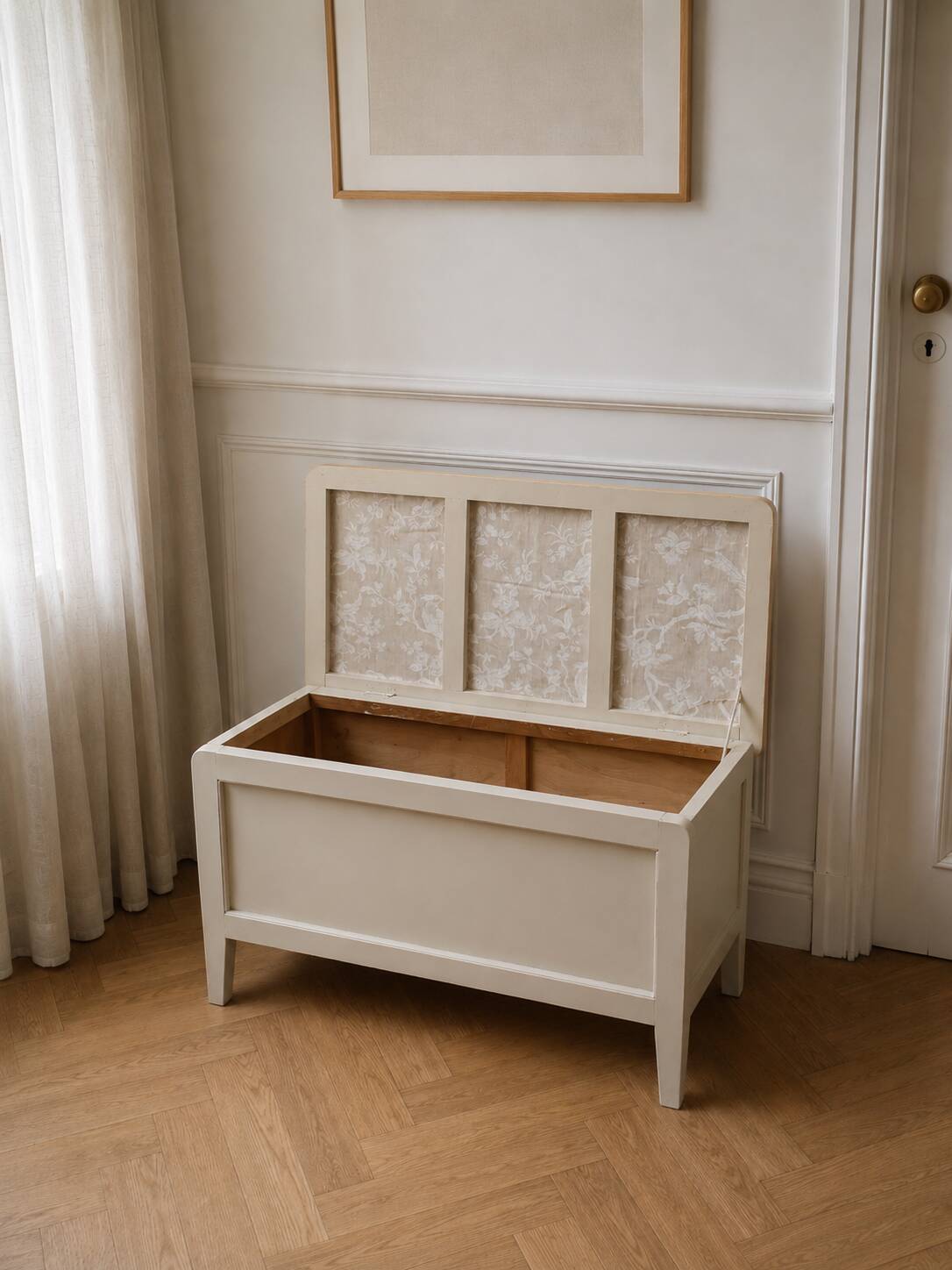 Re-enchanted vintage toy chest in beige, wooden tray.