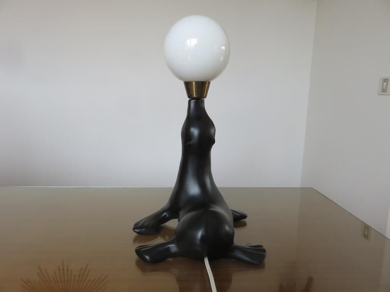 Lamp " black sea lion " white opaline ball 70s
