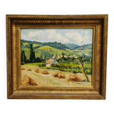 Tableau / Huile signée TAVEAU . Paysage champêtre , les collines . Cadre doré