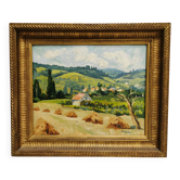 Painting / Oil signed TAVEAU. Countryside landscape, hills. Golden frame