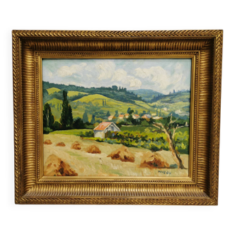 Painting / Oil signed TAVEAU. Countryside landscape, hills. Golden frame