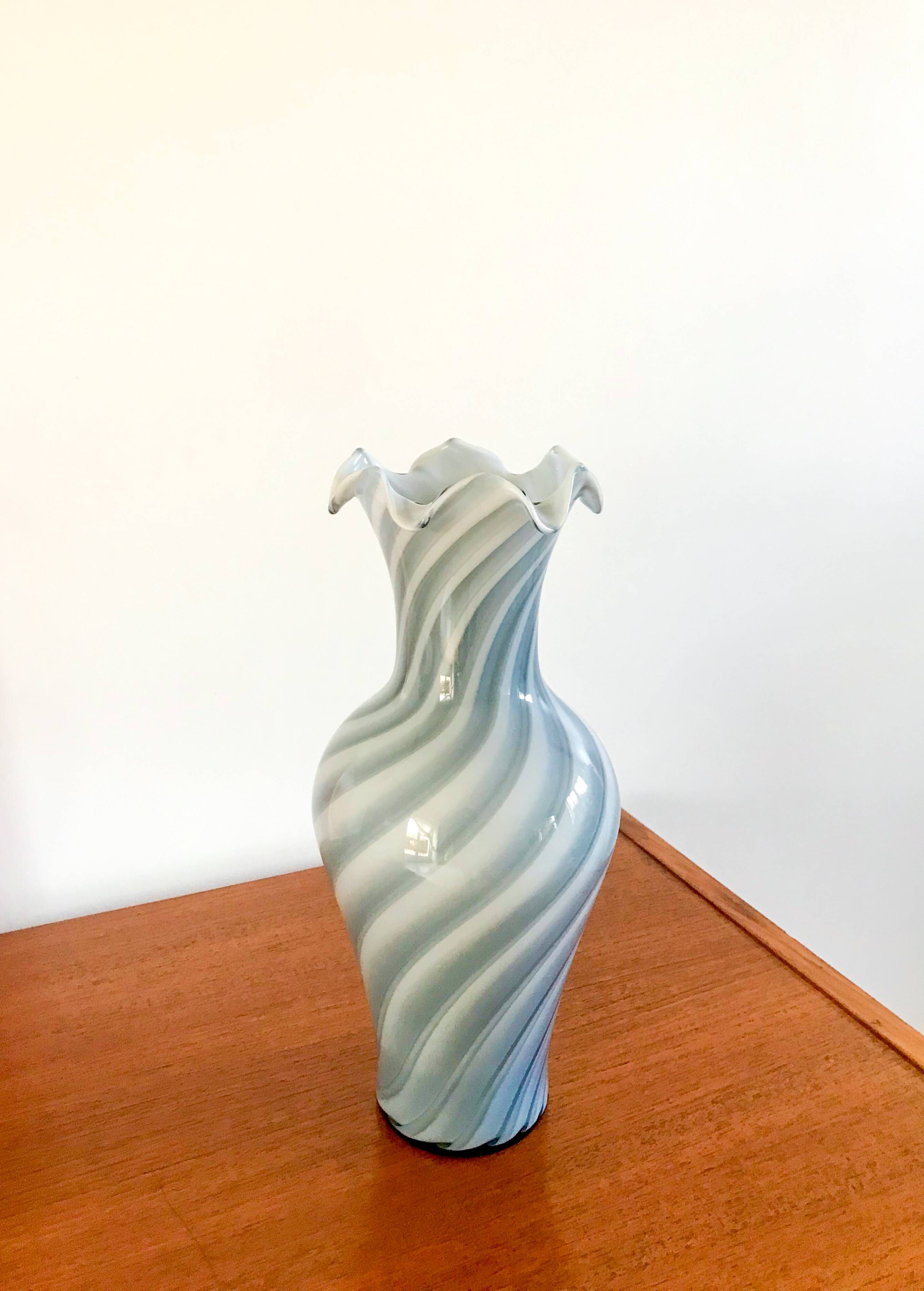 large vase in blue and white opaline Murano style 60s-70s