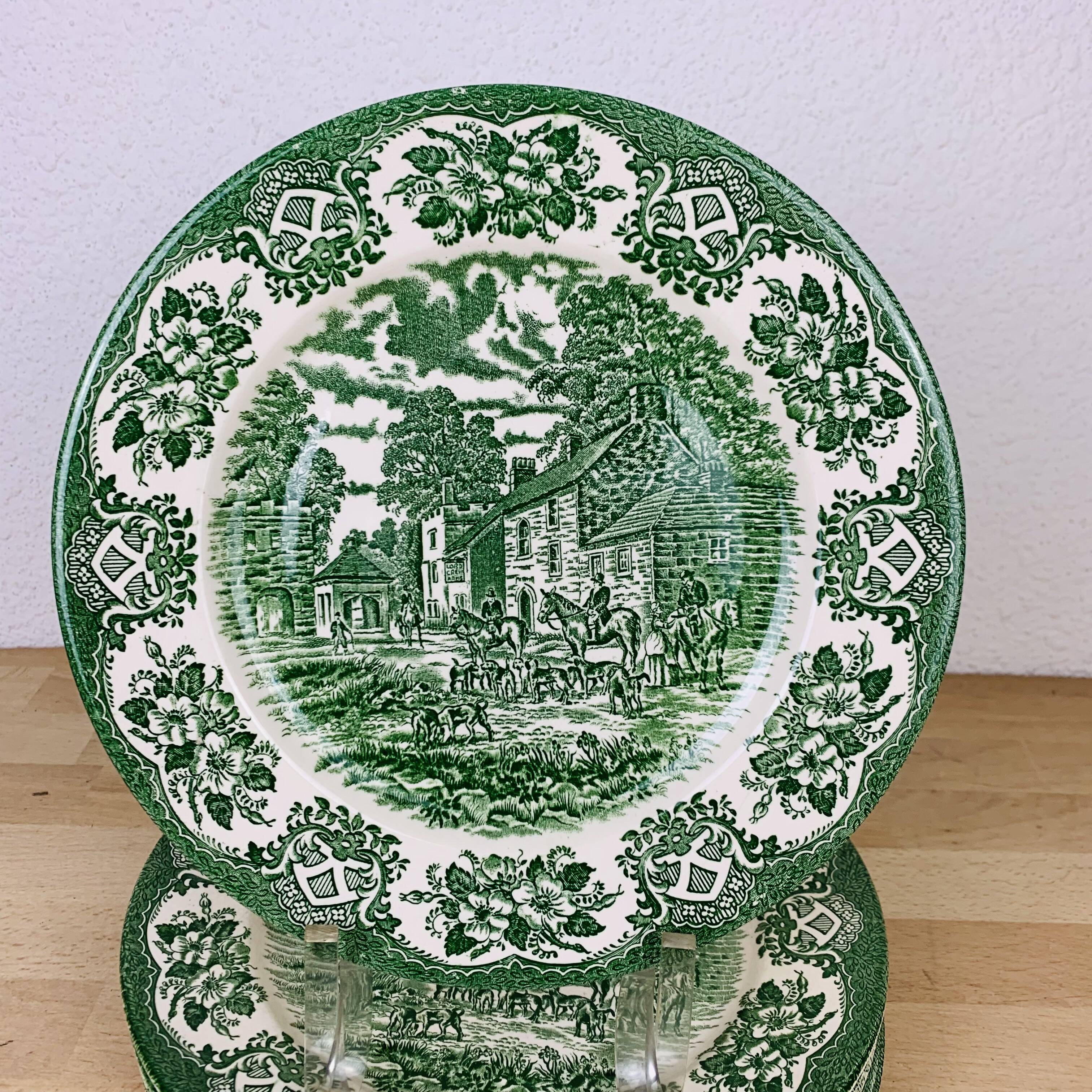 6 green English ironstone plates