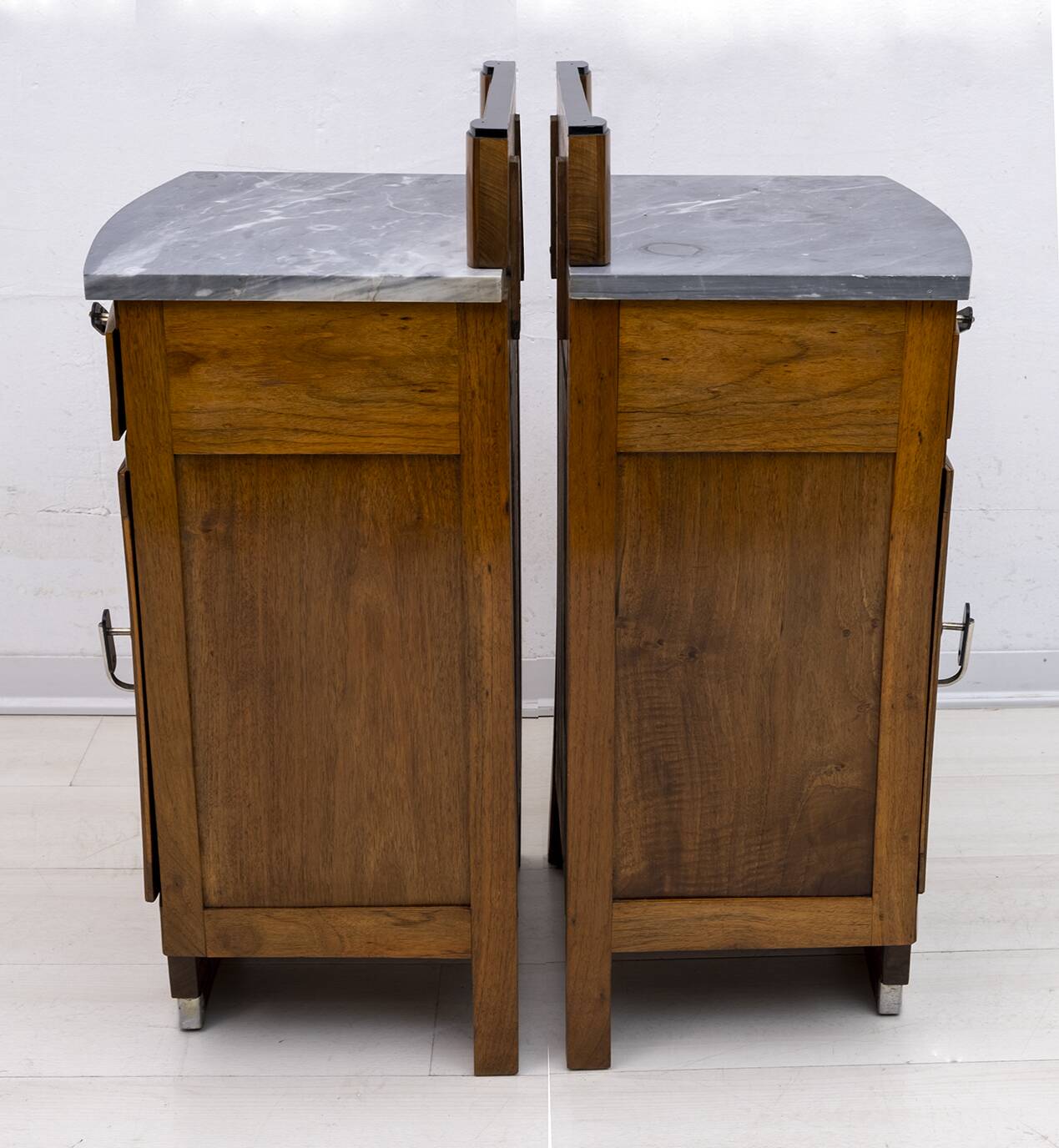 Pair of Art Dèco Italian Walnut and Grafite Gray Marble Bedside Tables,1920