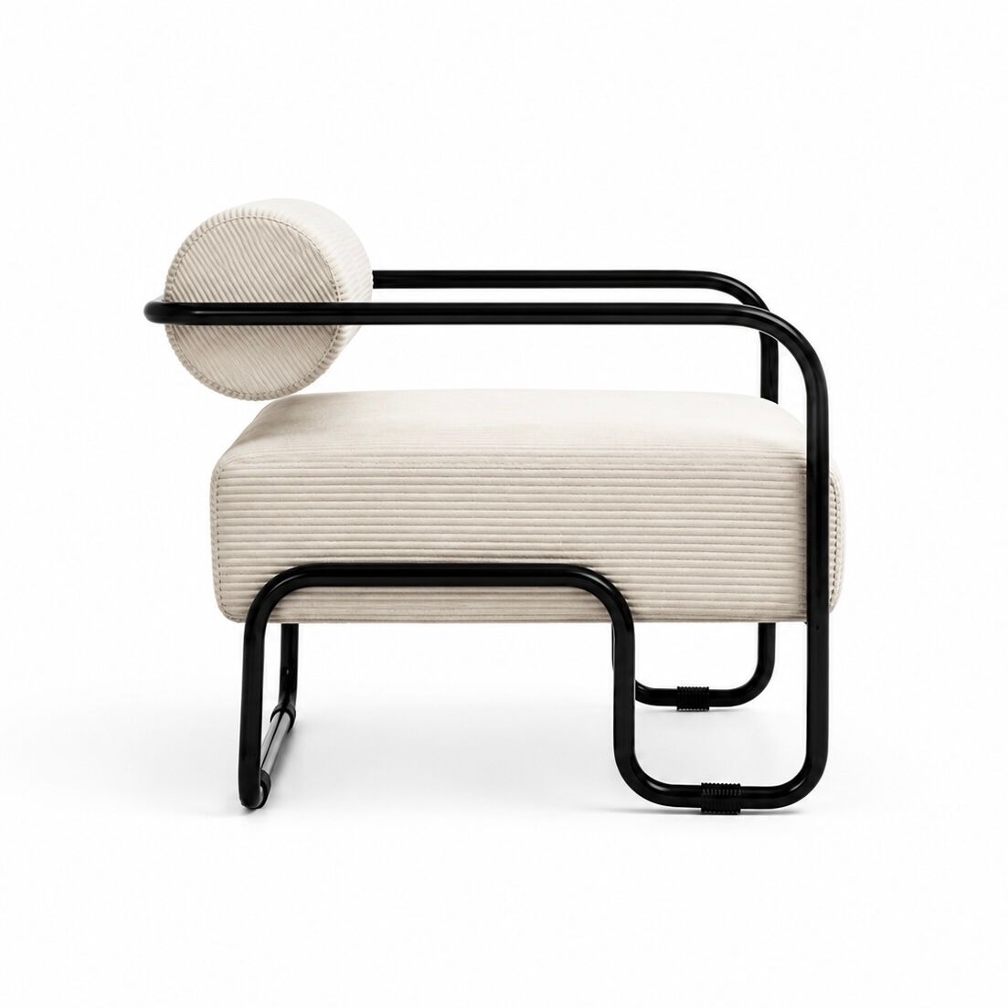 Modernist lounge chair in beige corduroy.