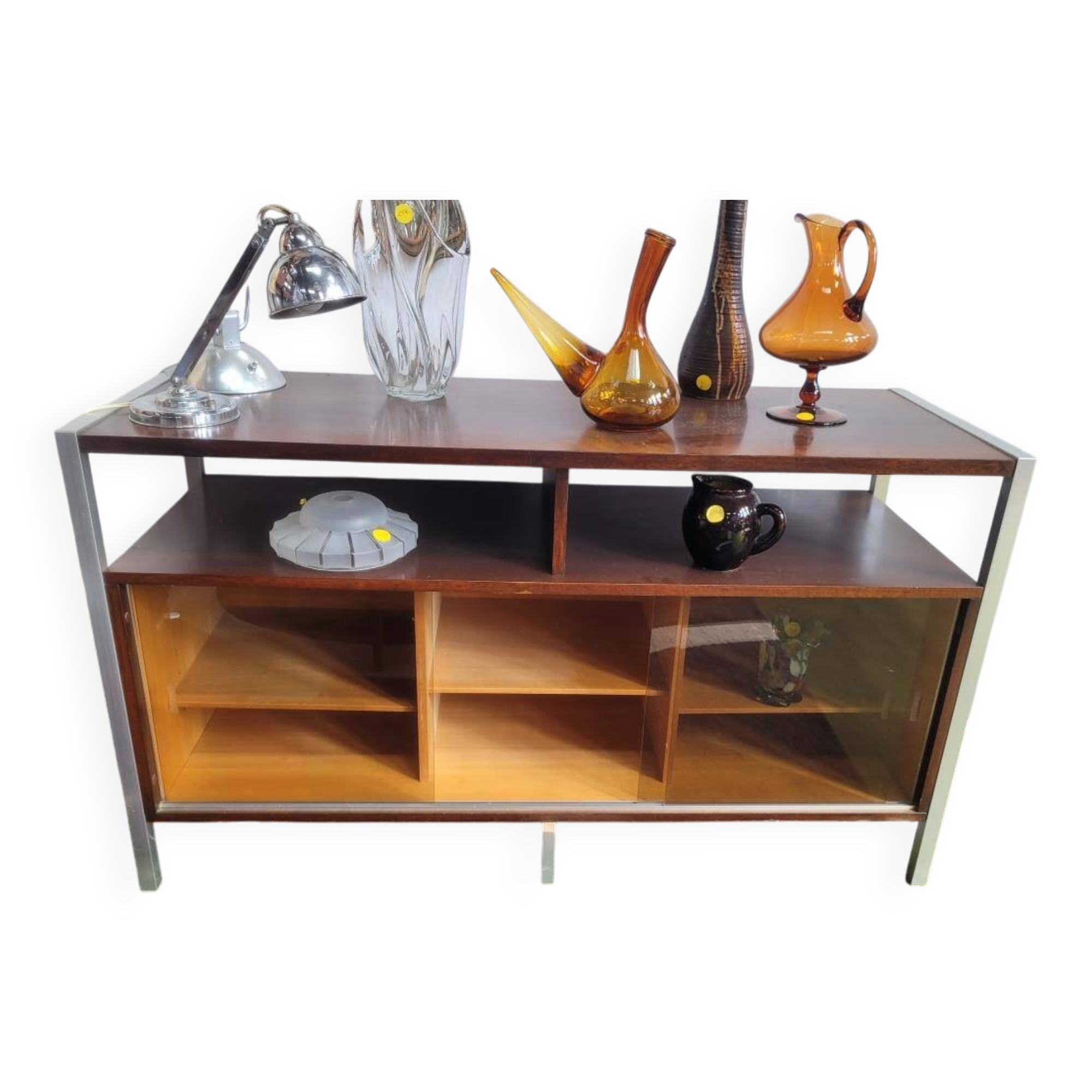 Hi-Fi cabinet in wood, brushed aluminum, smoked glass - 1970s