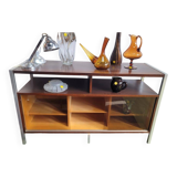 Hi-Fi cabinet in wood, brushed aluminum, smoked glass - 1970s